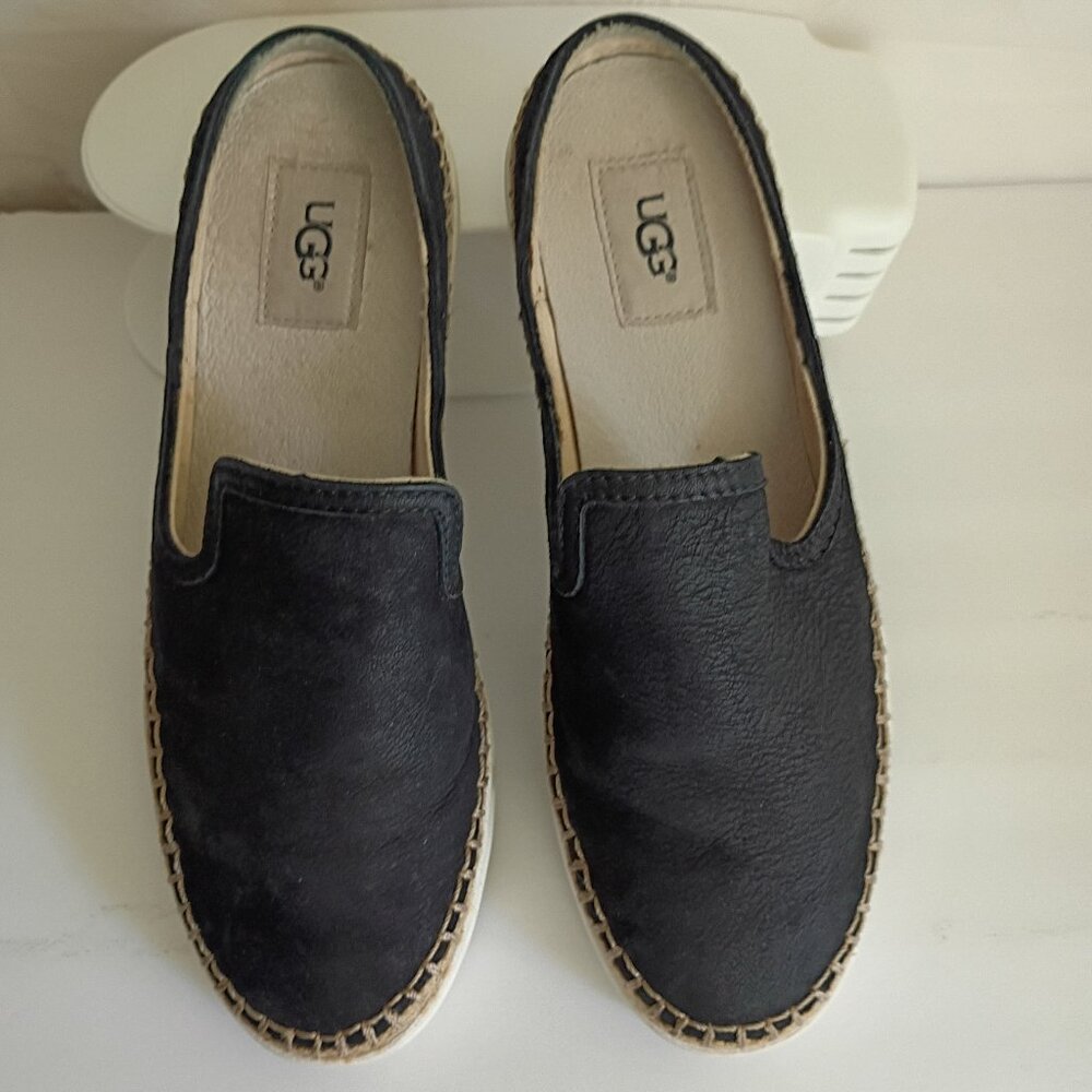 UGG  Women’s  Black Slip On Nubuck Leather Mules Caleel Sz 8.5